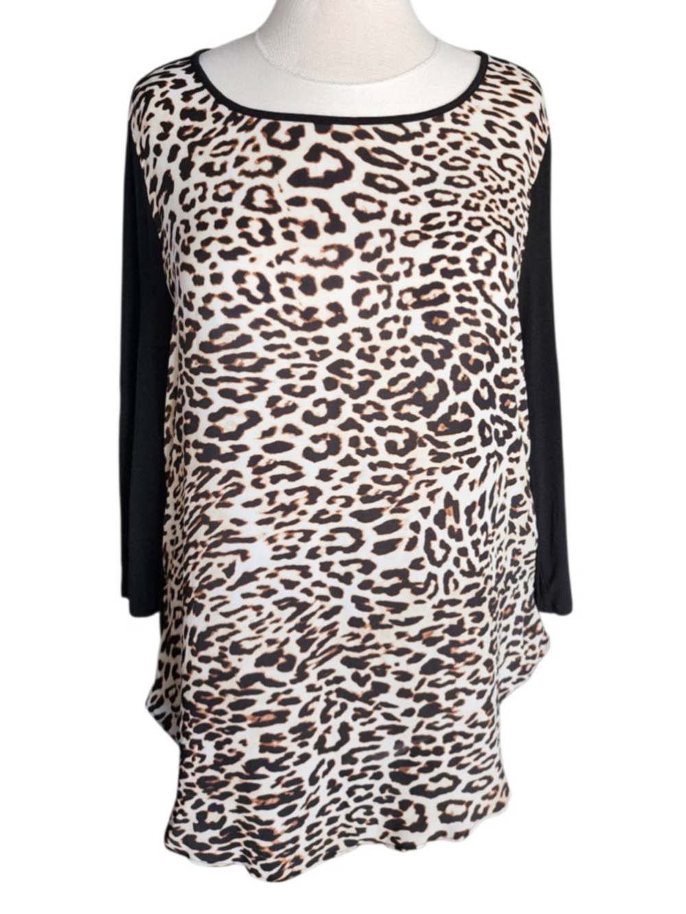 Chico's Size 2 L Leopard Print 3/4 Sleeve Top Black Tan Animal Print Asymmetric